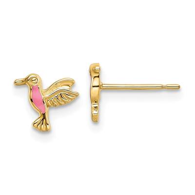 Diamond2Deal 14k Yellow Gold Pink Enamel Hummingbird Post Stud Earrings (L-7mm, W-8mm)