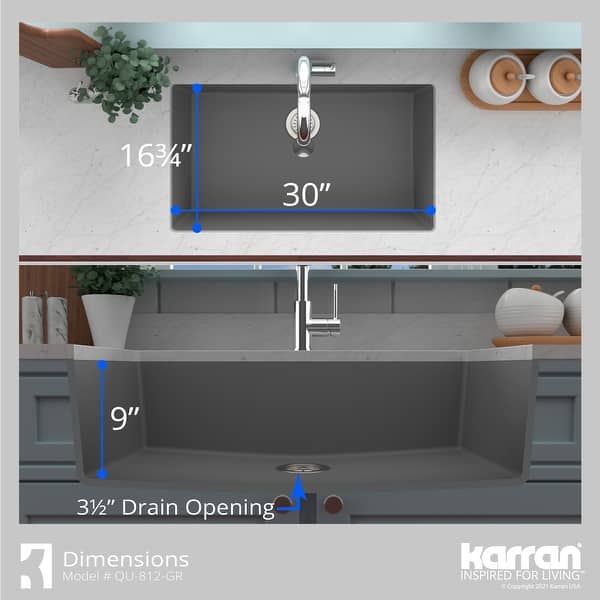dimension image slide 1 of 2, Karran Undermount 32.5 in. Large Single Bowl Quartz Kitchen Sink