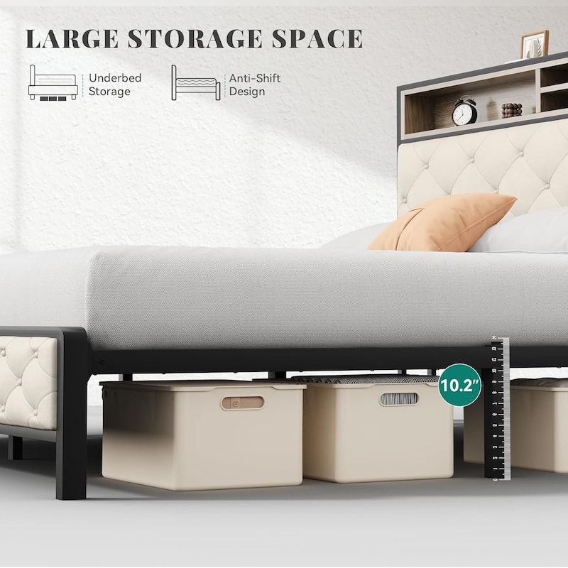 Queen/King Size Platform Bed Frame with Charging Station, Upholstered Storage Headboard & Metal Slats