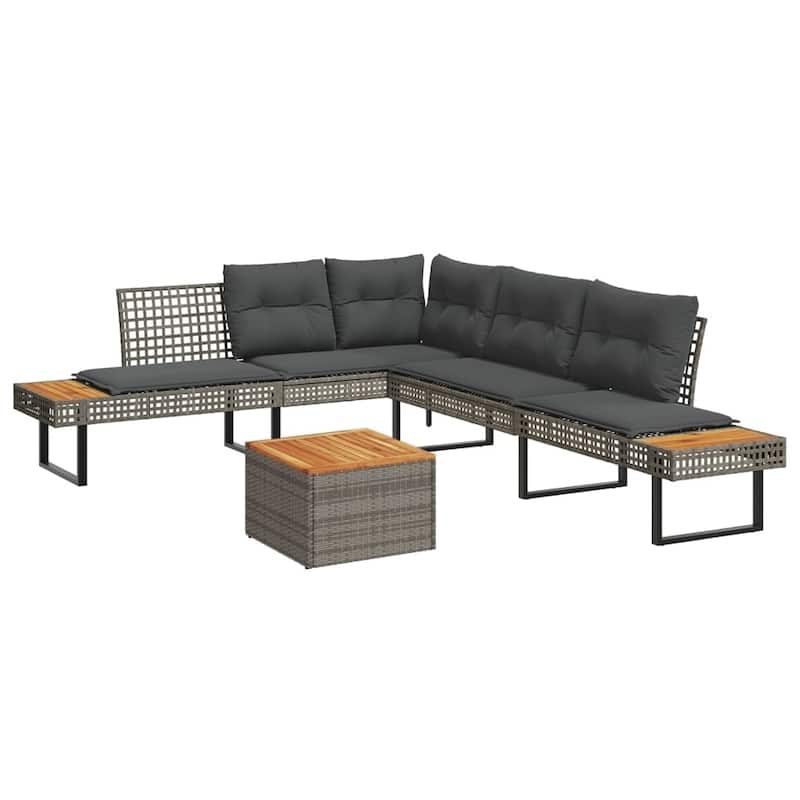 vidaXL 2 Piece Patio Sofa Set with Cushions Outdoor Poly Rattan and Acacia - 111.0 x 89.8 x 29.1 - Grey-Non-Adjustable tabletop