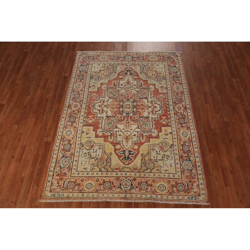 Geometric Heriz Serapi Vegetable Dye Rug Handmade Wool Carpet - 5'0"x 6'10"