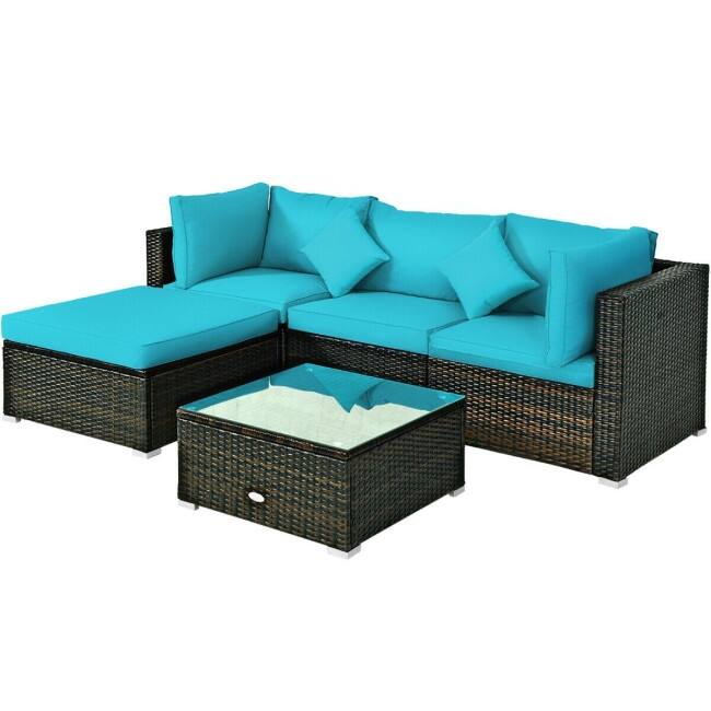 5 Pcs Outdoor Patio Rattan Furniture Set Sectional Conversation with Cushions - 29.5'' x 29.5'' x 25.5'' (L x W xH)