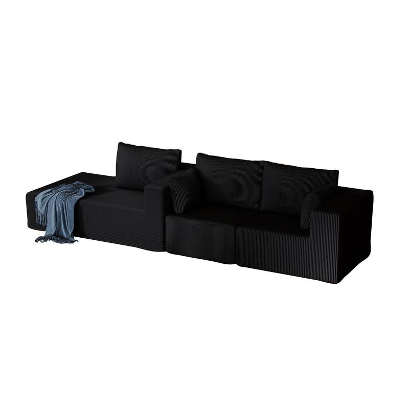 Living Room Modular Black Corduroy L-shaped Sectional Sofa with Chaise