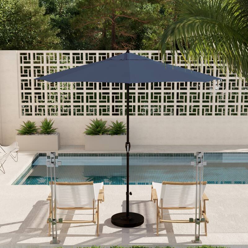 California Umbrella 9' Round Crank Lift Auto Tilt 8 Rib Aluminum Patio Umbrella, Bronze Finish, Pacifica Pacific Blue Fabric - Sapphire