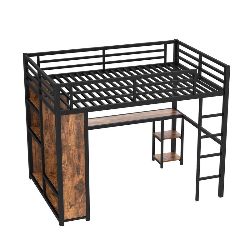 Queen Size Metal Loft Bed with Wardrobe, Desk, and Storage Shelves