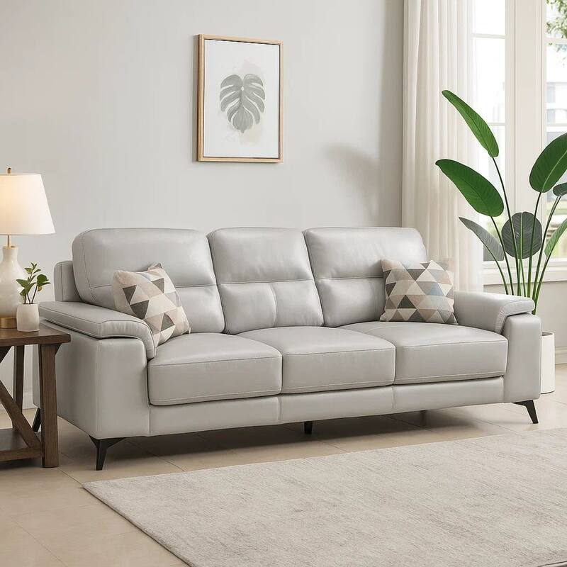 Mica 89 Inch Sofa, Light Gray Top Grain and Faux Leather, Black Metal Legs