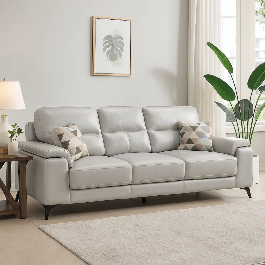 Mica 89 Inch Sofa, Light Gray Top Grain and Faux Leather, Black Metal Legs