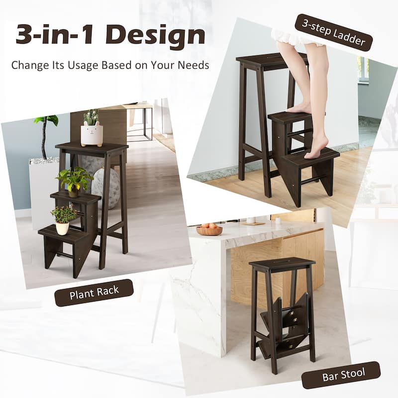 Costway 3 Tier Folding Step Stool 3-in-1 Rubber Wood Ladder Brown