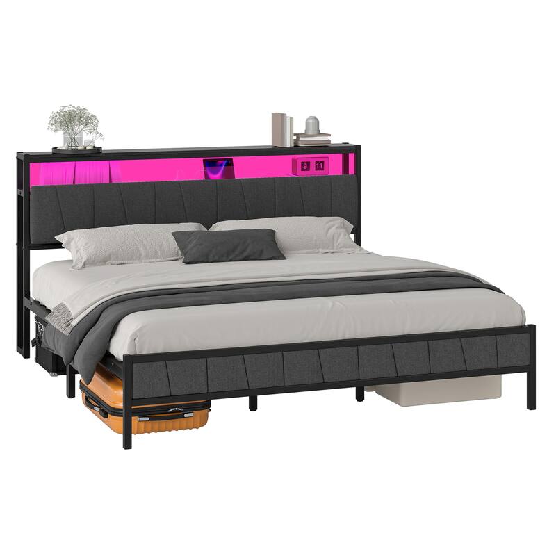 Storage Upholstered Platform Bed with LED Lighting Included and Built In USB Port
