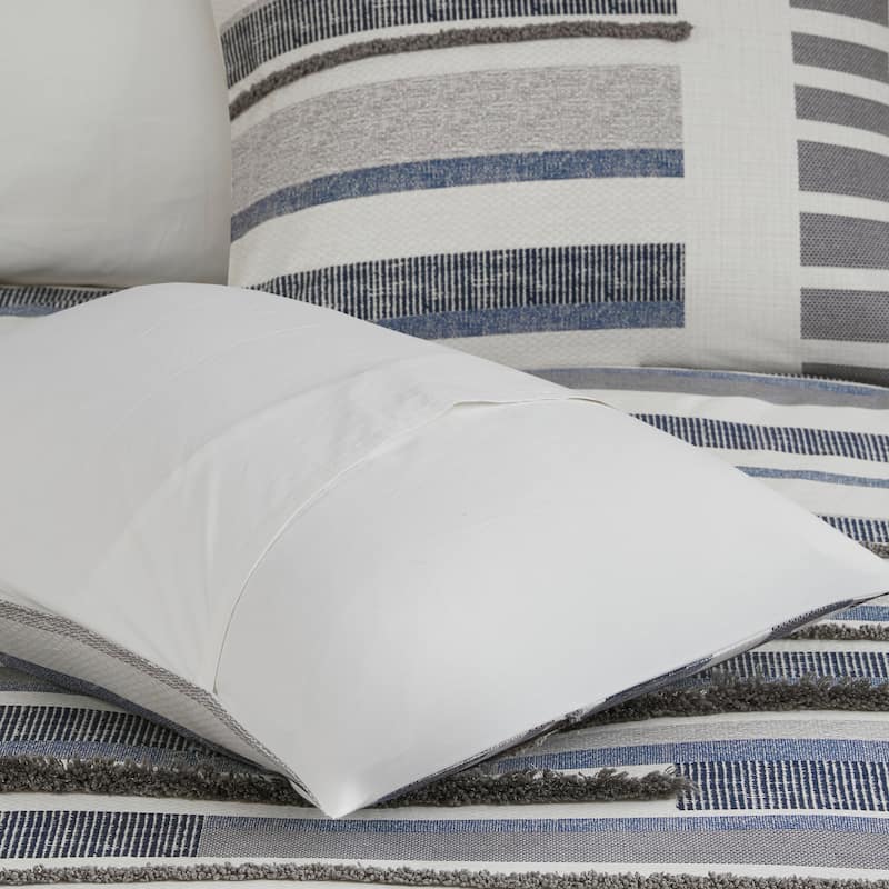 INK+IVY Serena 3 Piece Cotton Printed Duvet Cover Set w/trims Navy