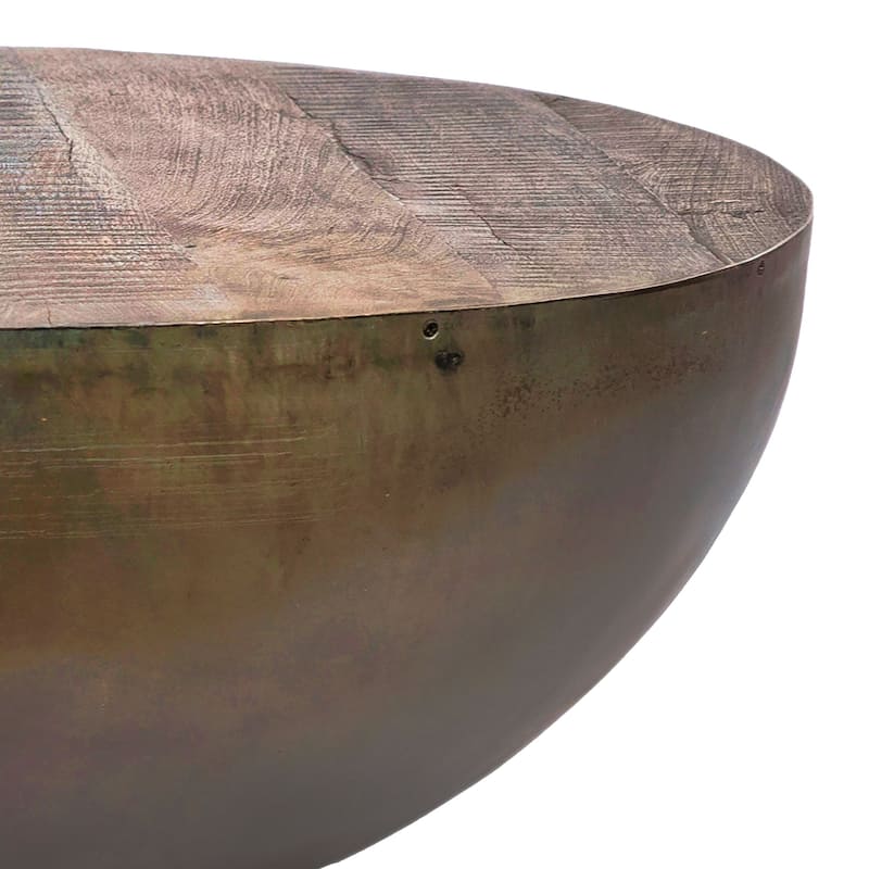 Lucia Reclaimed Teak and Iron Round Drum Style Coffee Table, Natural Grey