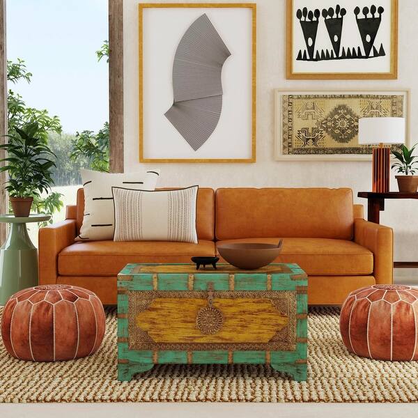 slide 2 of 10, Nador Hand-Painted Brass Inlay Storage Trunk Coffee Table Green / Yellow