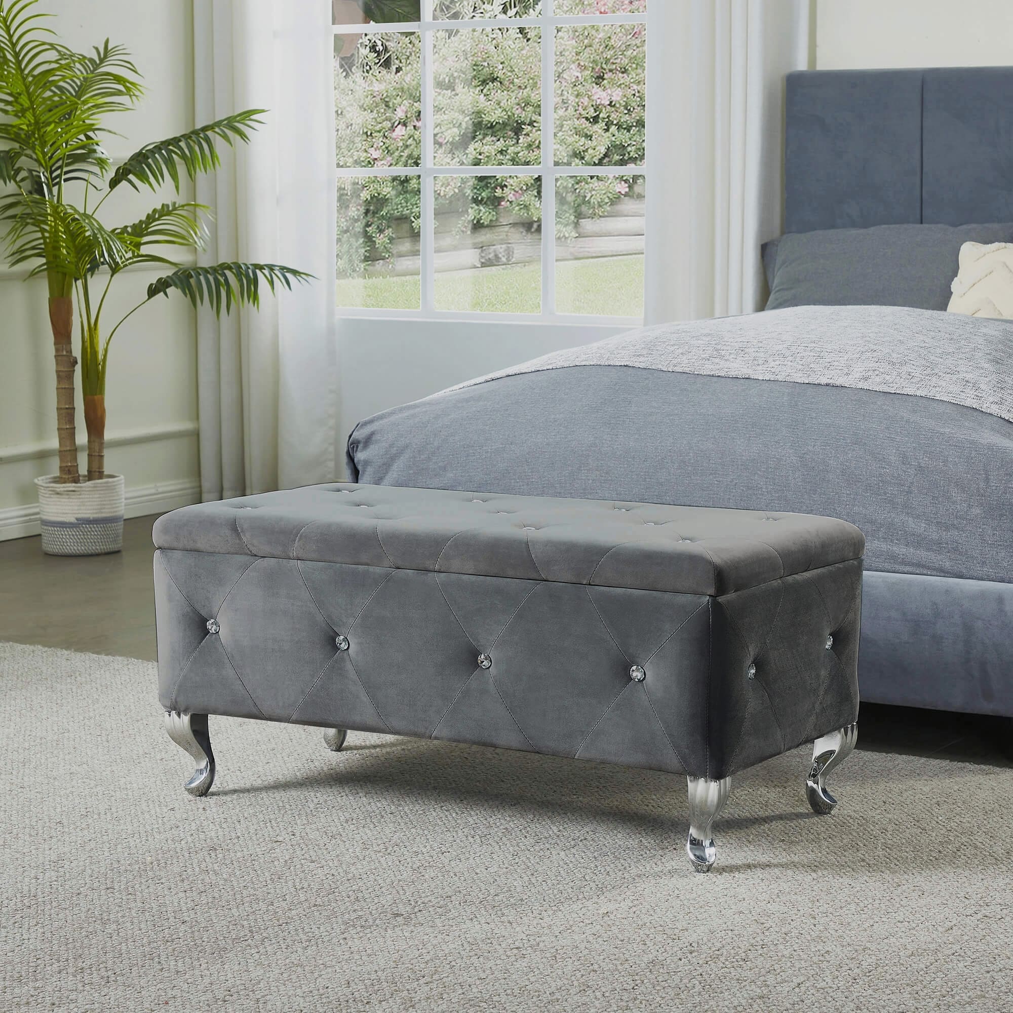 Faux Leather Storage Bench with Crystal Tufting and Metal Legs