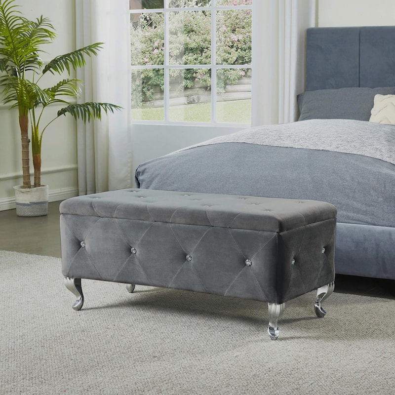 Upholstered Rectangular Storage Ottoman Bench with Crystal Buttons - Grey