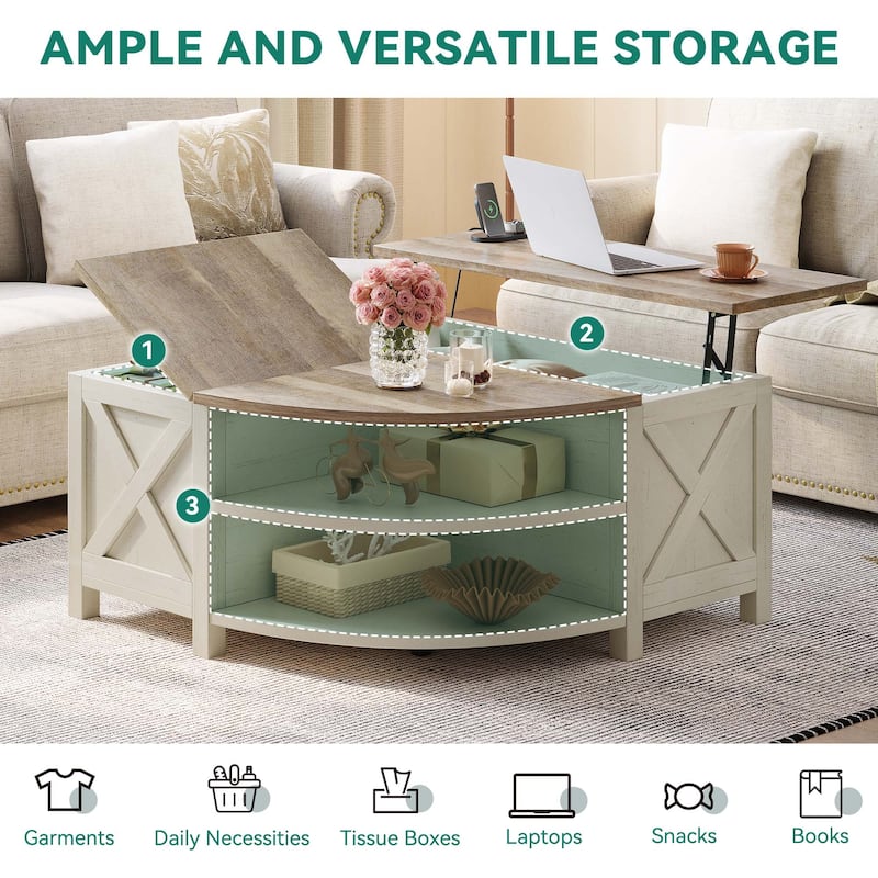 Moasis Lift Top Coffee Table with Storage Shelves, Quarter Circle Center Table for Living Room