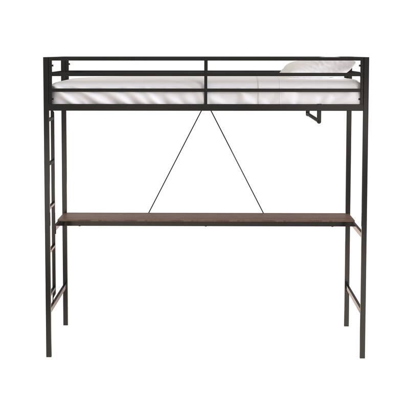 CUSchoice Twin Loft Bunk Black with Cinnamon Wood Desk and Closet Rod