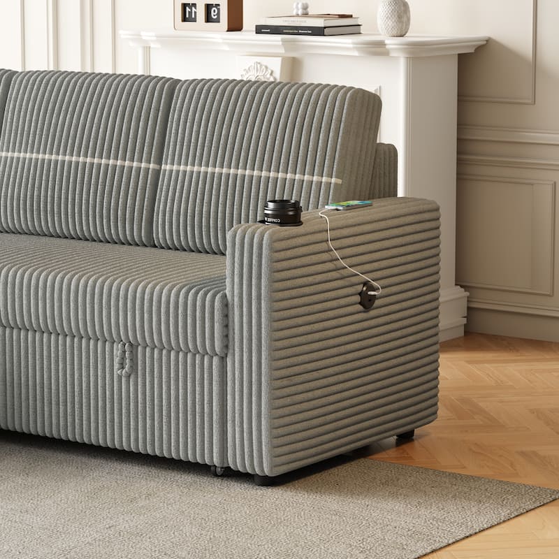 85" Corduroy 3-Seater Sleeper Sofa with Storage Chaise, USB Charging and Cup Holders
