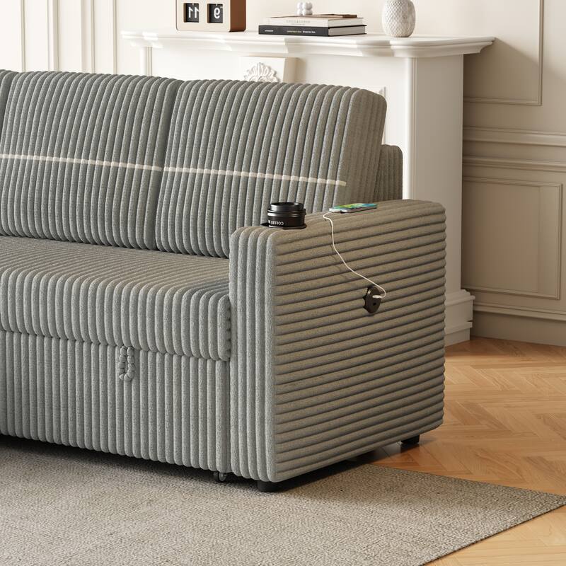 Corduroy Sleeper Sofa Bed with Storage Chaise, Dual Cup Holders, and USB Charging Port Convertible Couch for Living Room