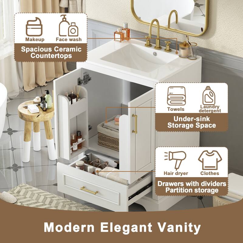 24" Bathroom Vanity with Sink Bathroom Storage Cabinet with 1 Divided Drawer and Dual Door Storage Racks