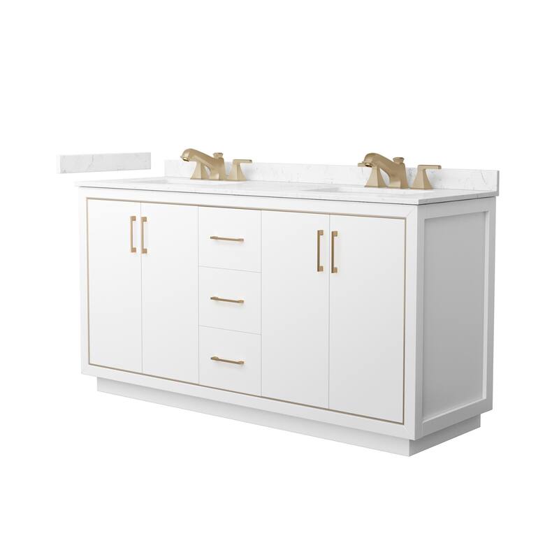 Wyndham Collection WCF1111-66D-VCA-US3MXX Icon 66" Free Standing - White / Carrara Cultured Marble Top / Satin Bronze