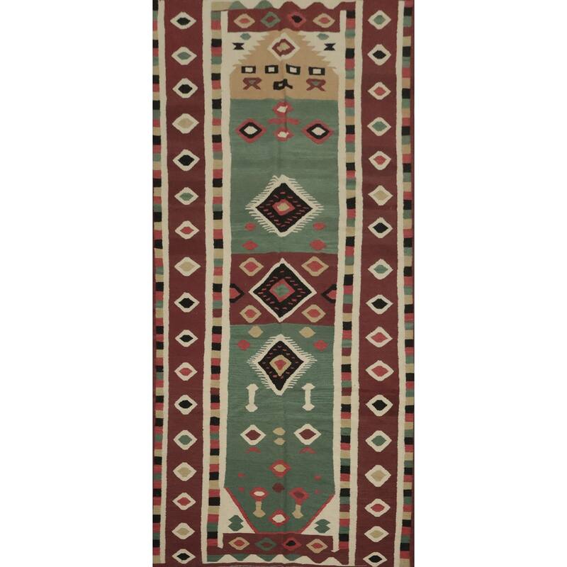 Hand Woven Oriental 100% Wool Carpet Southwestern Tribal Green Kilim Area Rug - 11' 8'' X 4' 11''