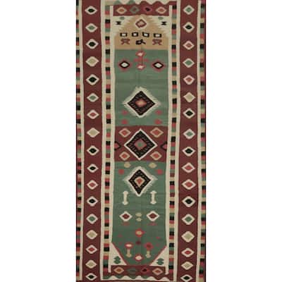 Hand Woven Oriental 100% Wool Carpet Southwestern Tribal Green Kilim Area Rug - 11' 8'' X 4' 11''