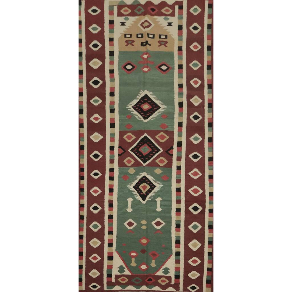 Hand Woven Oriental 100% Wool Carpet Southwestern Tribal Green Kilim Area Rug - 11' 8'' X 4' 11''