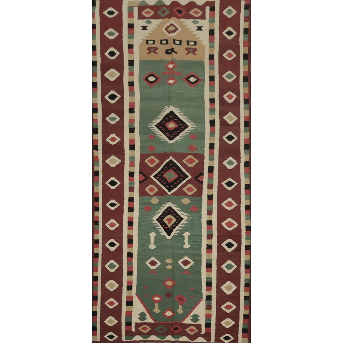 Hand Woven Oriental 100% Wool Carpet Southwestern Tribal Green Kilim Area Rug - 11' 8'' X 4' 11''