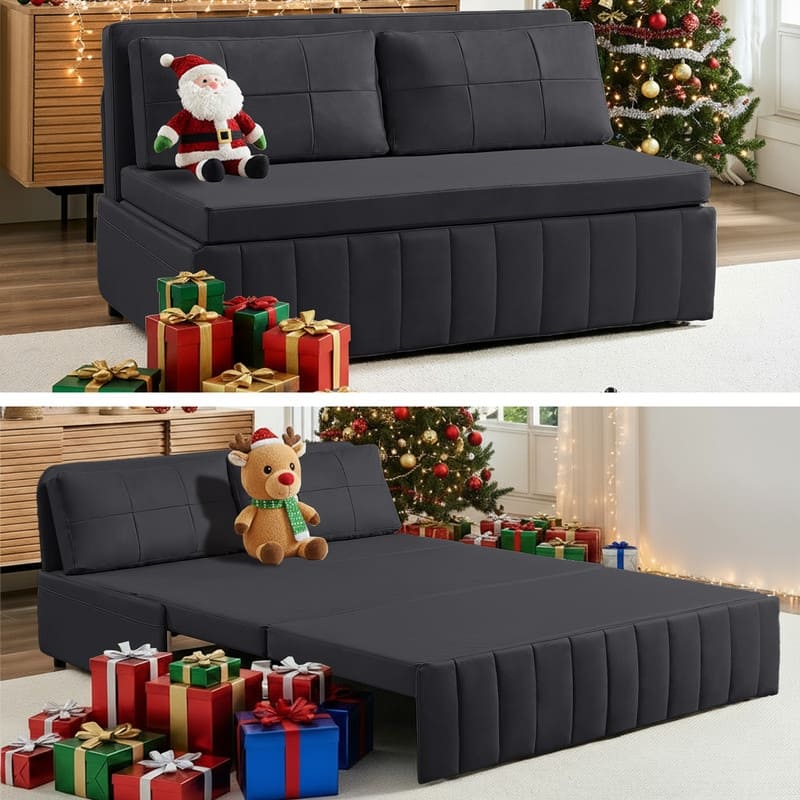 Mixoy Modern 62''Pull Out Sofa Bed,3-in-1 Pull Out Leathaire Fabric Sleeper Sofa Couch,Chaise Lounge,living room furniture - 60.83"W×80.91''L×33.46''H - DARK GREY
