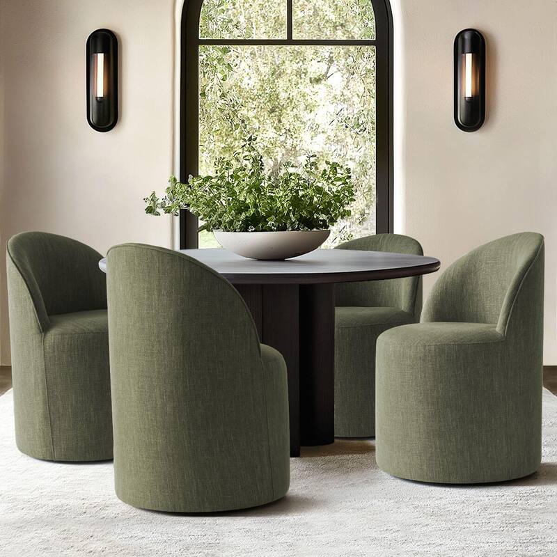 Upholstered Barrel Linen Dining Chair with Casters(Set of 4)