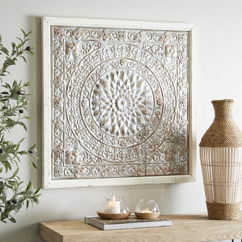 Metal Floral Embossed Mandala Scroll Home Wall Decor with White Wood Frame - Blue or Brown - Roche River Decor