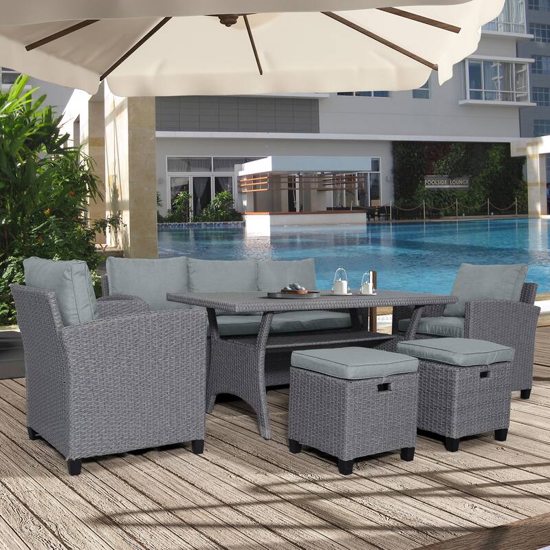 6-Piece Outdoor Rattan Wicker Set Patio Garden Backyard Sofa, Chair, Stools and Table - Grey