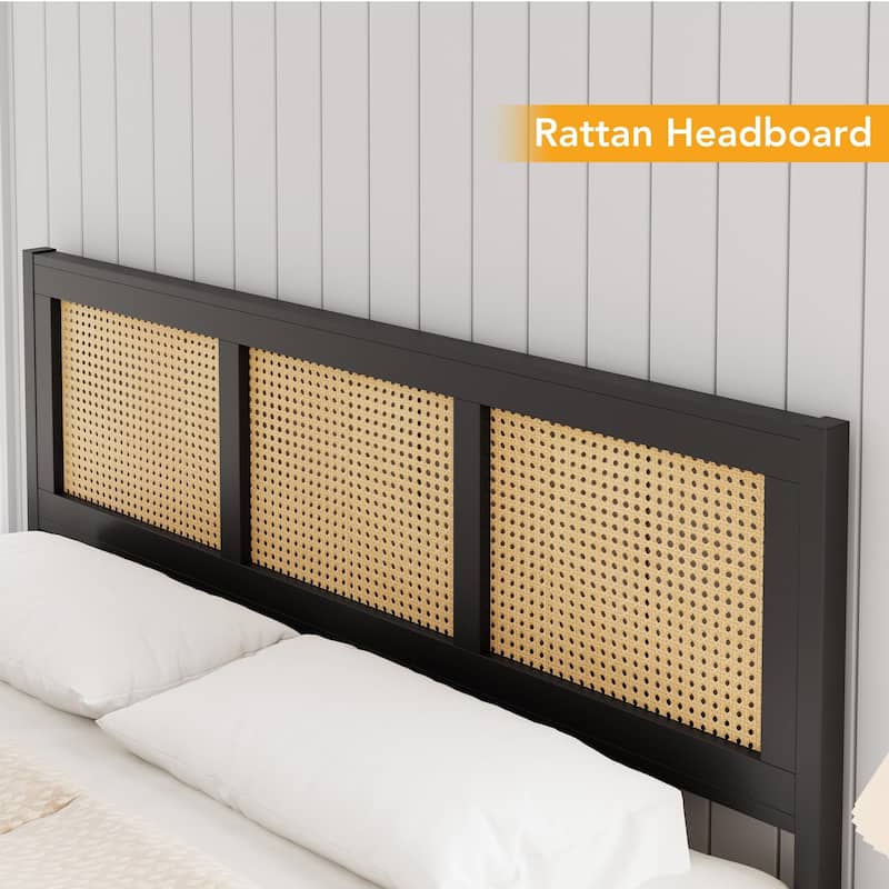 Rattan Bed Frame with Headboard, Black Bohemian Cane Platform Bed Frame