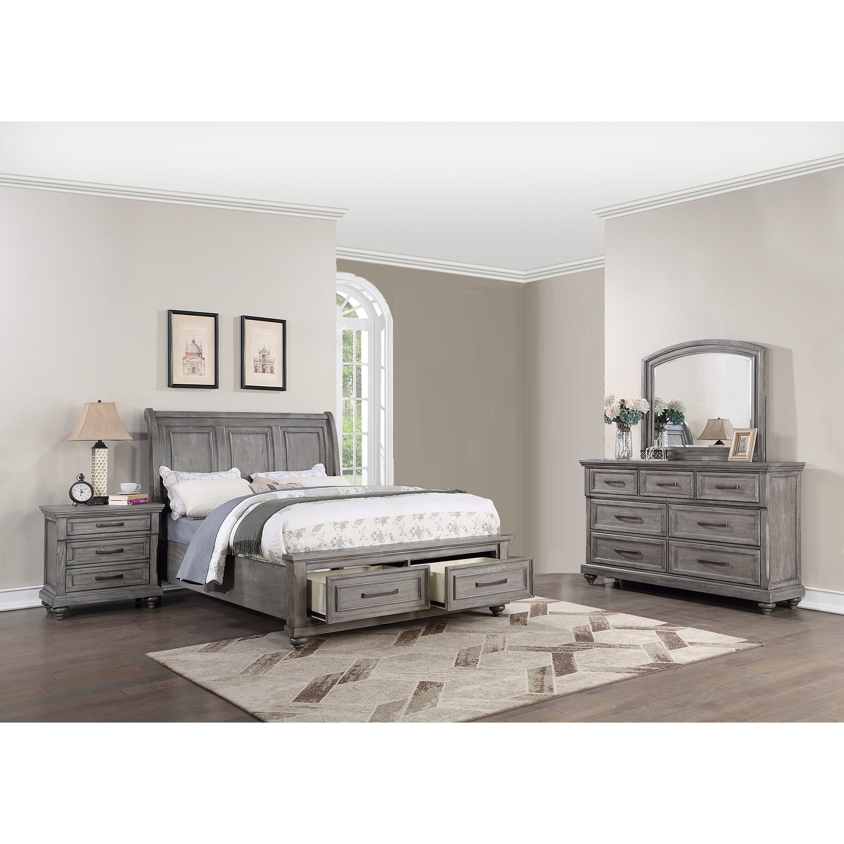 Traditional Style Bed Set Metal Handles 3 Panel Headboard Light Gray Finish