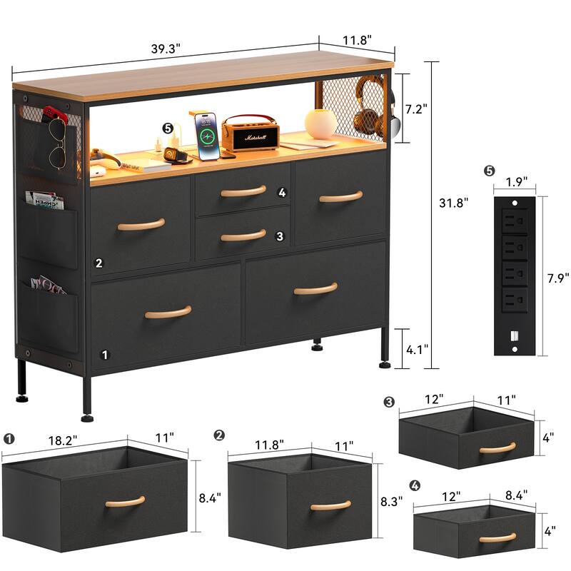 Dresser for Bedroom TV Stand with Power Outlets and LED Light, 6 Dresser with Shelves for 45" TV, PU Finish