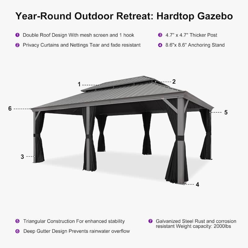 PURPLE LEAF Outdoor Gazebo Aluminum Frame Galvanized Steel Hardtop Gazebo with Bulbs