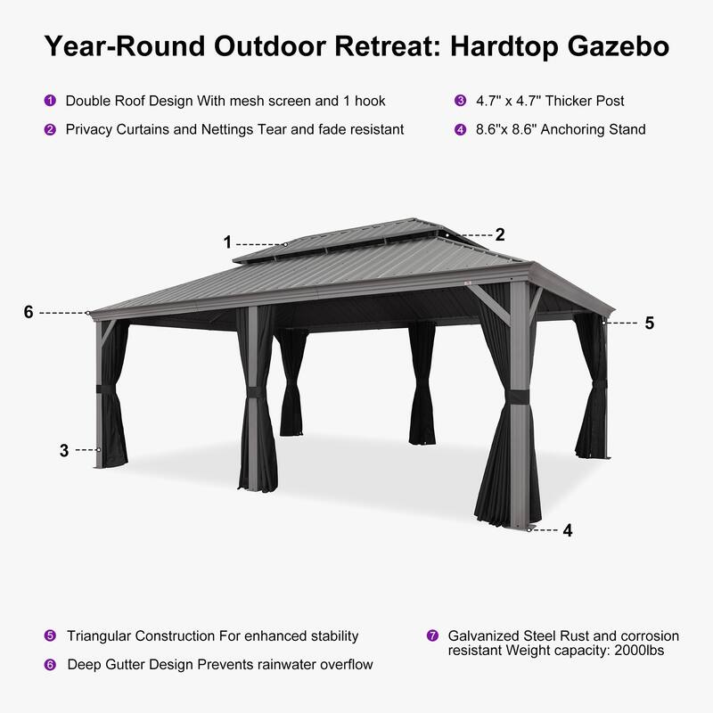 PURPLE LEAF Patio Gazebo for Backyard Hardtop Galvanized Steel Frame with Upgrade Curtain - Light Grey