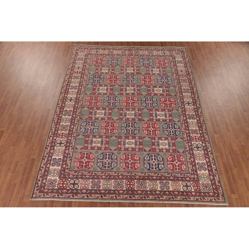 Kazak Oriental Area Rug Hand-Knotted Geometric Wool Carpet - 8'10" x 11'9"
