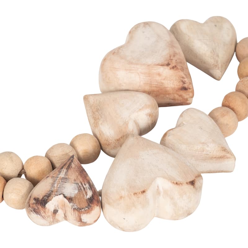 Sagebrook Home 38 Inch Wood Heart Beaded Garland in White, Charming Rustic Home Decor with Jute Tassels - 38" x 2" x 1"