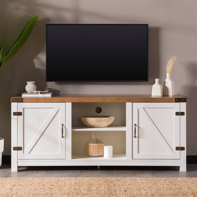 Rustic Modern Farmhouse Barn Door 3-Shelf TV Stand for TVs Up to 65 Inches with Adjustable Storage