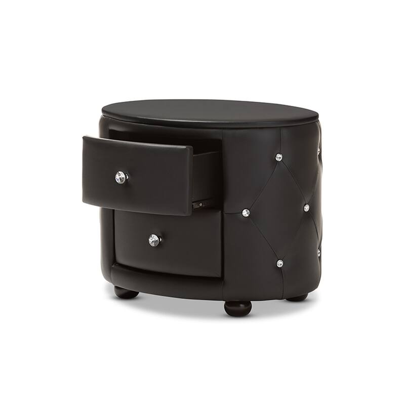 Glam Oval 2-Drawer Faux Leather Nightstand with Crystal Tufting and Smooth Black Upholstery