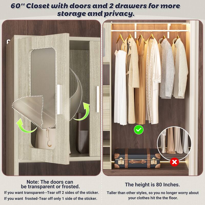 Rackcog Closet System with Doors and Drawers, Storage Organizer with DIY Shelving for Walk-in Closet