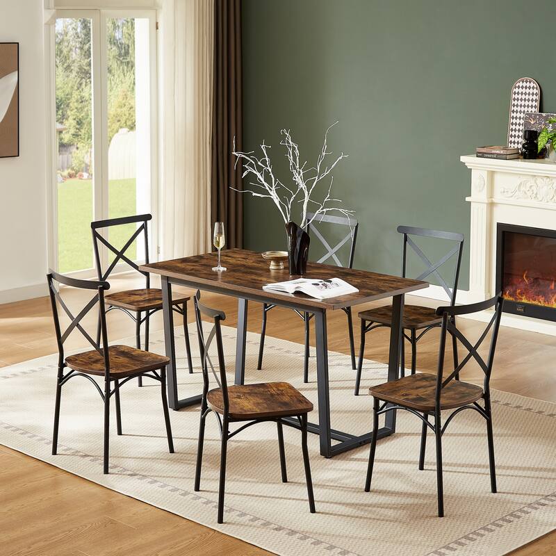 Retro Industrial Style Dining Table Set with X-Shaped Frame Backrests, for Living Room and Kitchen, 7-Piece Set.