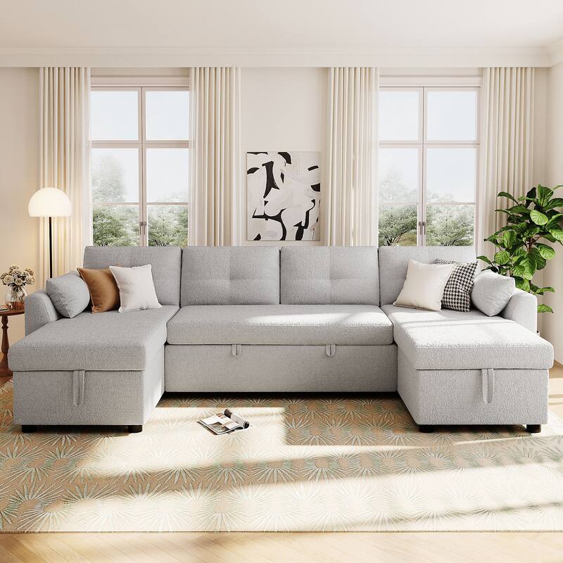 Oversized U-shaped Sectional Sofa with USB Ports, Dual Storage Chaise Lounges Sofa with Pull-out Bed Convertible Sleeper Sofa