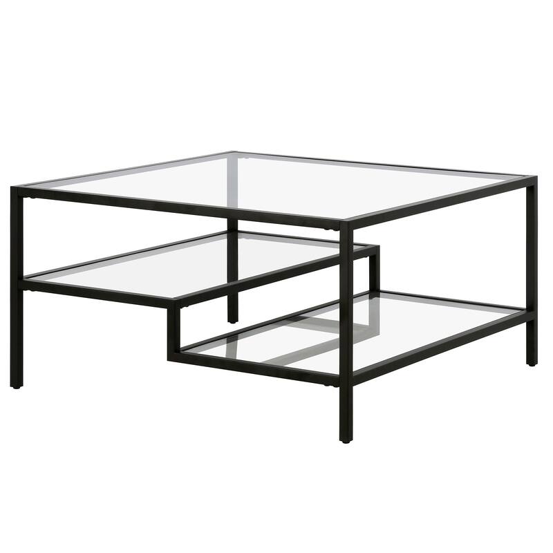 32-Inch Glass Square Coffee Table with Steel Base and Storage Shelves - 32” x 32” x 17”