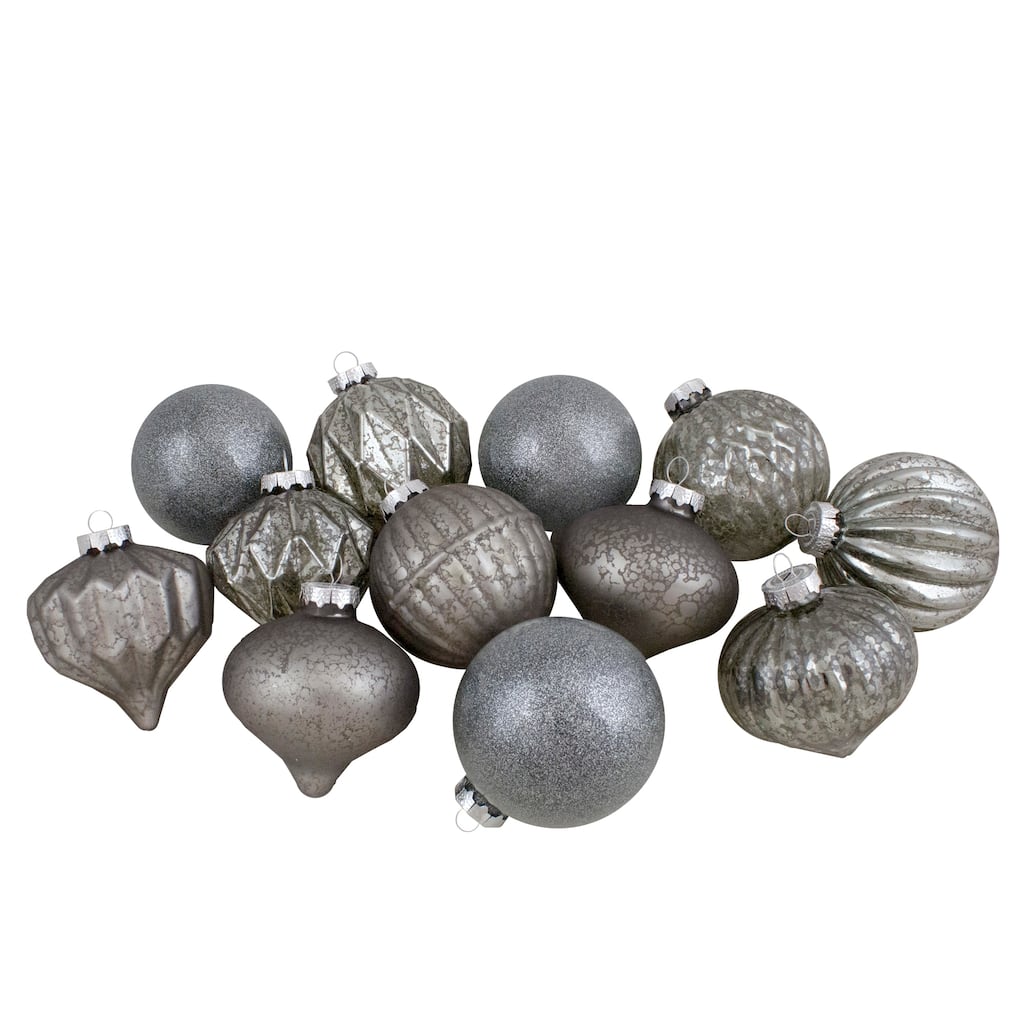 Finial and Glass Ball Christmas Ornaments -3.25" - Neutral and Silver - Set of 12