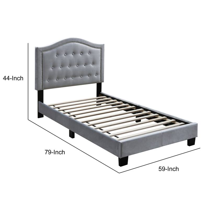 Button Tufted Full Velvet Bed with Curved Headboard, Gray