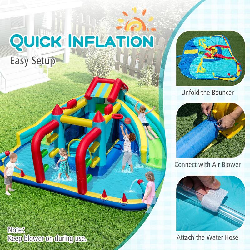Large Inflatable Water Slide Park for Kids with Double Slides Bounce House Water Cannons 680W Blower