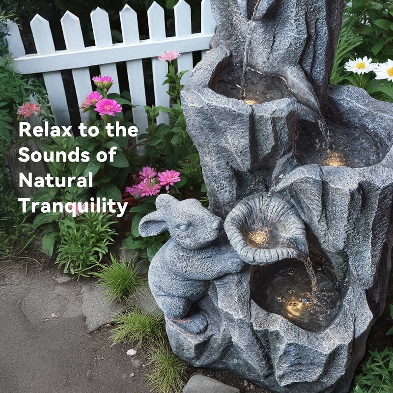 Vbal 5-Tier Polyresin Outdoor Rock Fountain in Imitative Rabbit Statue Shape with LED Lights and Soothing Waterfall