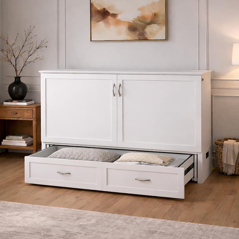 Hamilton Queen Murphy Bed Chest with 6" Mattress, Storage Drawer & Built-In Charger in White